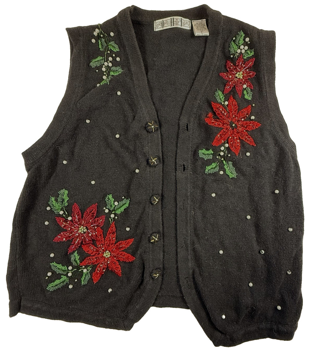 Vtg OHI Ugly Christmas Sweater Vest Large Black Beaded Poinsettia Knit Kitschy